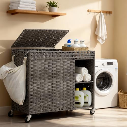Laundry Hamper with Lid, 160L Rattan Wicker Laundry Basket with Wheels, Handwoven Laundry Hamper 2-Section with Storage shelf(42.3 Gal), Laundry Sorter Basket with Removable Liner, Grey HLH032G - color: Grey, size: 29.5”L x 13”W x26.4”H