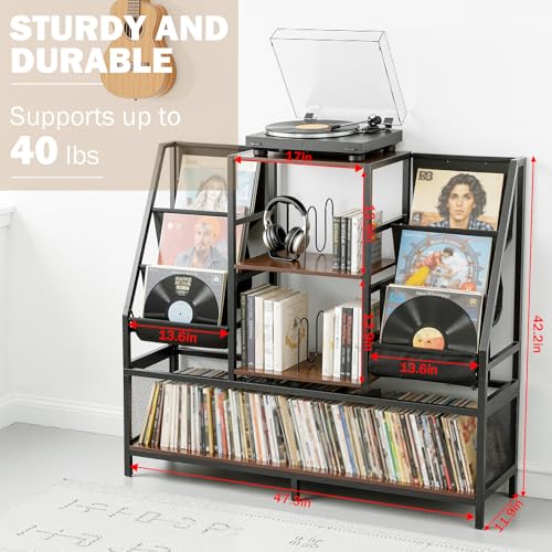 Uieke Large Record Player Stand, Record Holder with Vinyl Record Storage Holds up to 500+ Albums, Media Table with Vinyl Display Shelf & Turntable Stand for Living Room, Bedroom - size: 47.2"L x 11.8"W x 42.2"H