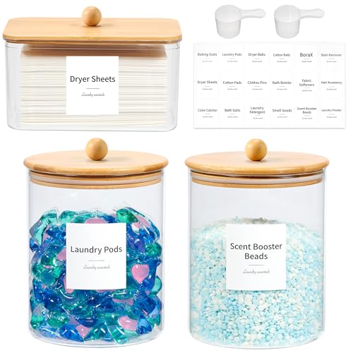 Glass Laundry Pods Container & Acrylic Dryer Sheet Holder with Bamboo Knobs Lids, Scoops & Labels | Premium Laundry Room Organization and Storage for Detergent Pods, Powder, Dryer Balls & Beads - color: Bamboo Cap with handle