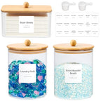 Glass Laundry Pods Container & Acrylic Dryer Sheet Holder with Bamboo Knobs Lids, Scoops & Labels | Premium Laundry Room Organization and Storage for Detergent Pods, Powder, Dryer Balls & Beads - color: Bamboo Cap with handle
