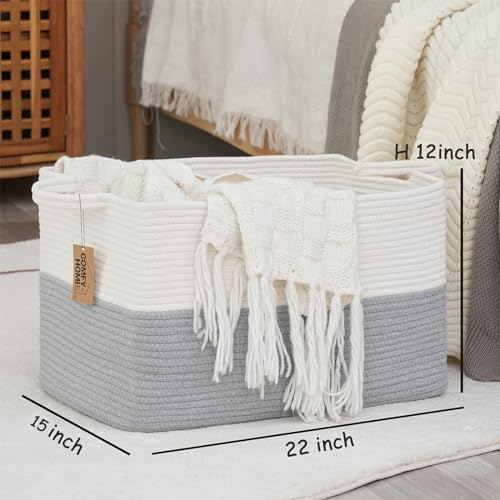 COMFY-HOMI Large Rectangle Laundry Storage Basket | Cotton Rope Woven, Organizing with Handle | Dirty Cloth & Baby Shower Basket | 22x15x12' - White/Grey - color: White/Grey, size: 22''x15''x12''