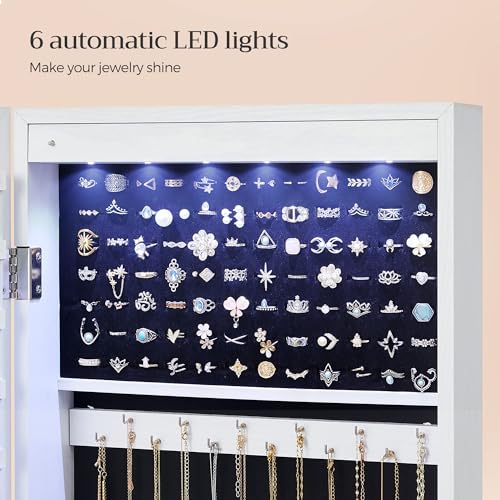 SONGMICS 6 LEDs Mirror Jewelry Cabinet, 47.2-Inch Tall Lockable Wall or Door Mounted Jewelry Armoire Organizer with Mirror, 2 Drawers, 3.9 x 14.6 x 47.2 Inches, White UJJC93W - color: White