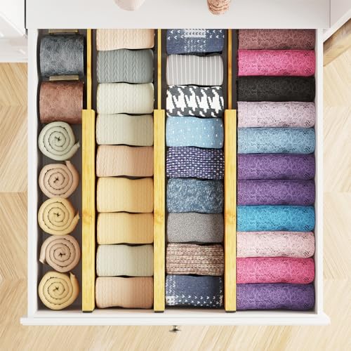 SpaceAid Bamboo Dresser Drawer Dividers 6 Pack, 4.65“ High Adjustable 12.5“-17” Drawer Organizers, Expandable Organization for Clothing, Clothes, Dressers, Natural - color: NATURAL, size: 4.65''H, 12.5''-17''L