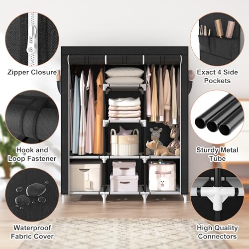 VTRIN Portable Closet, Large Capacity Portable Wardrobe with 2 Hanging Rods and 8 Storage Shelves, Sturdy Free Standing Closet Wardrobe for Hanging Clothes with Side Pockets, Black - color: Black, size: 3 Row - 49'' Wide