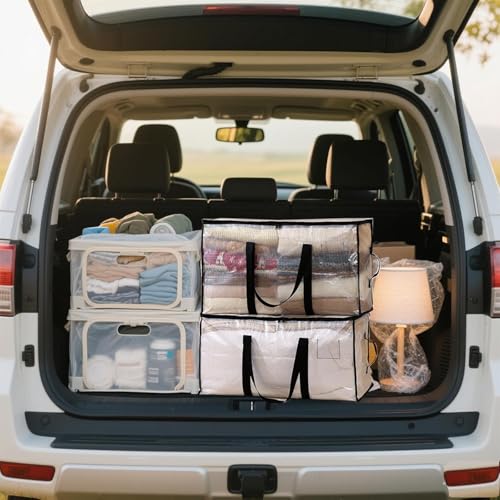 12 Pack-Extra Large Heavy Duty Moving Bags - Waterproof Storage Totes with Handles & Zippers, Foldable for College Dorm, Storage (Clear) - color: Clear, size: 12