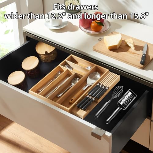 TIOPGHAD Small-Bamboo-Silverware-Drawer-Organizer, Expandable Utensil Kitchen Cutlery Tray Flatware Organization Adjustable Wood Tableware Dividers Storage (with Removable Knife Block)(Natural) - color: Natural, size: Medium