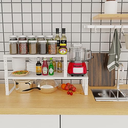 Jojocross Expandable Adjustable Stackable Kitchen Organizer, Spice Rack,Metal Pantry Storage Shelves Racks,Counter Shelf for Cabinets, Countertop, Cupboard(2 Packs/Large/White) - color: 2 Packs/White, size: 10.24"D x 16.6"~26.5"W x 6.1"/7.5"H