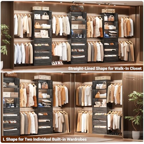 Aheaplus Closet System Set of 2, 4-9Ft Wood Closet Organizer with 8 Drawers & Shelves, Closet Organizer System with 8 Hanging Rods, Walk-in Closets Organizer Wardrobe Closet Rack, Black Oak - color: Black Oak-2Sets