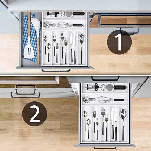 Utensil Organizer Silverware Drawer Organizer - 7 Slots Bamboo Cutlery Organizer Multi-Purpose Silverware Divider for Kitchen Flatware, Hair Accessories, Repair Tools, Art Set W13”x L17” (White) - color: White, size: 7 Slot