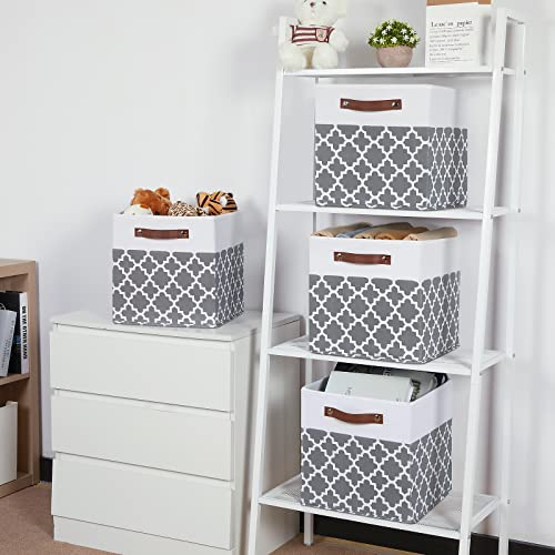 Temary 12x12x12 Fabric Storage Bins 4 Pack with Leather Handle, Foldable Cubes Storage Box Baskets for Closet, Shelf (White&Lattice) - color: Grey Lattice, size: 12×12×12
