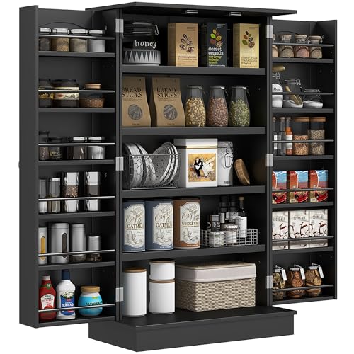 HOMCOM 41" Kitchen Pantry Storage Cabinet, Freestanding Kitchen Cabinet with 12 Door Shelves, Double Doors, 5-Tier Shelving and Adjustable Shelves, Black - color: Black, size: 41"H