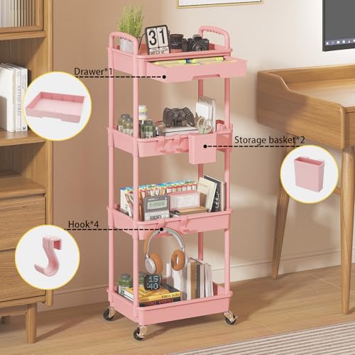 4 Tier Rolling Utility Cart with Drawer, Plastic Storage Organizer Rolling Carts with Wheels Handles Hanging Cups Hooks for Office, Bathroom, Kitchen,Craft Art Room (Pink) - color: Pink, size: 4-Tier