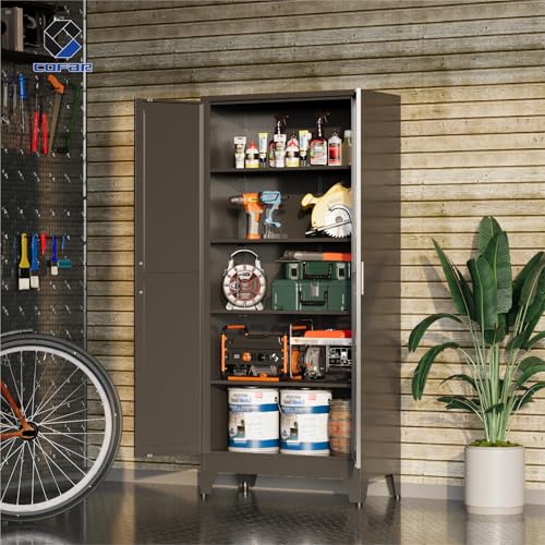 COFaR 71'' Tall Metal Storage Cabinet, Farmhouse Kitchen Pantry Cabinet with Doors and 4 Adjustable Shelves, Black Metal Cabinets for Garage, Kitchen, Bathroom, Laundry, 5-Tier - color: Black, size: 71 Tall 2 Doors-Tree Door