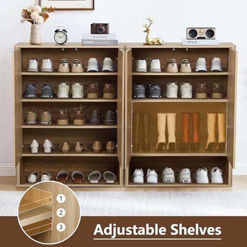 Shoe Cabinet, 5 Tier Wooden Shoe Storage Organizer Cabinet with Adjustable Shelves, Shoes Rack Accent Cabinet for Entryway Hallway Living Room, Natural - color: Natural