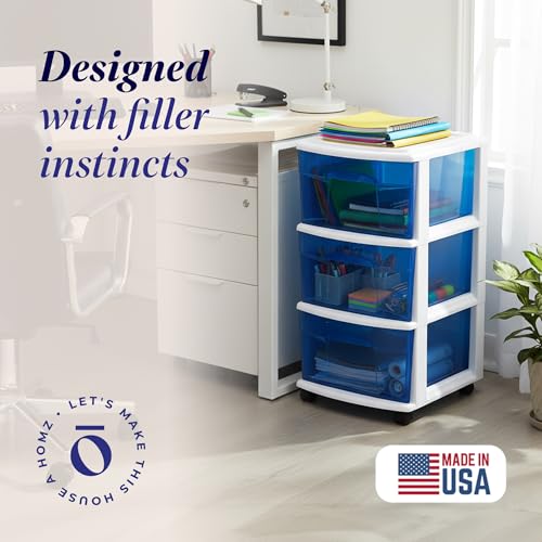 HOMZ Drawer Tower, 3-Tier Clear Blue Plastic Storage Organizer Cart, White Frame - Rolling Drawer Containers with Wheels for Bathroom, Bedroom, Office, and Classroom Organization - color: White Frame/Blue Drawers, size: 1 Pack