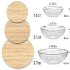 Stackable Space-Saving Nesting Set of 3 Glass Bowls with Bamboo Lids for Foodprep, Storage, Mixing & Cooking - Microwave & Oven Safe BPA Free Durable Heat Resistant Inert Borosilicate Glass - color: 3 Mixing Bowls with Bamboo LIds (Ribbed)