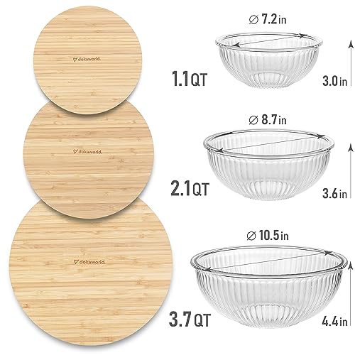 Stackable Space-Saving Nesting Set of 3 Glass Bowls with Bamboo Lids for Foodprep, Storage, Mixing & Cooking - Microwave & Oven Safe BPA Free Durable Heat Resistant Inert Borosilicate Glass - color: 3 Mixing Bowls with Bamboo LIds (Ribbed)