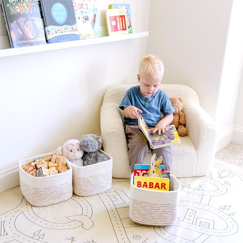 NaturalCozy Storage Cubes 9”x9”x7”Cotton Rope Woven Baskets for Organizing 3-Pack | 9 Inch Cube Storage Bin | Small Basket for Shelf Nursery, Pantry, Decorative Plant, Bathroom Closet, Toy Gift - color: Off White & Rainbow Stitching