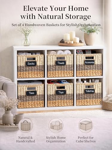 Storage Basket, 10.5x10.5x10.5 Inch Storage Cubes, Water Hyacinth Wicker Basket for Storage, Handmade Woven Baskets for Organizing, Set of 4 Wicker Storage Baskets for Shelves