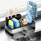304 Stainless Steel Sink Caddy with Auto-Drain, Rustproof Sink Organizer, Sponge Holder with Removable Brush Holder & Towel Rack, Countertop Storage for Dish Soap Dispenser, Kitchen Sink Accessories