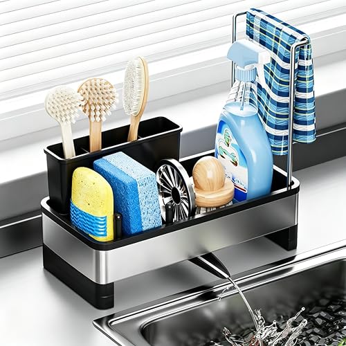 304 Stainless Steel Sink Caddy with Auto-Drain, Rustproof Sink Organizer, Sponge Holder with Removable Brush Holder & Towel Rack, Countertop Storage for Dish Soap Dispenser, Kitchen Sink Accessories