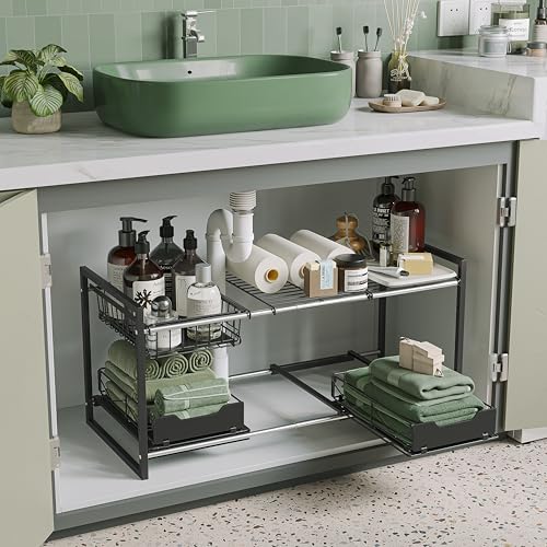 NETEL Under Sink Organizers and Storage,Kitchen Cabinet Organizer,2 Tier Under Sink Expandable Shelves，Bathroom Cabinet Organizer with Pull Out Drawers,(30.9-31.64)" W x 14.69" D x 15.83" H,Black - size: Multi-functional with 2 pull out baskets