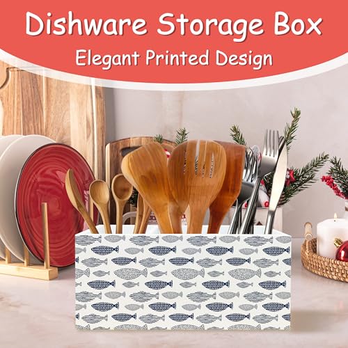 Fishing Decor, Coastal Beach Fish Pen Pencil Holder Organizer for Desk, Fishing Gifts, Blue Nautical Ocean Fishing Wooden Box Block Sign for Beach House Office Tabletop Decor - color: fish