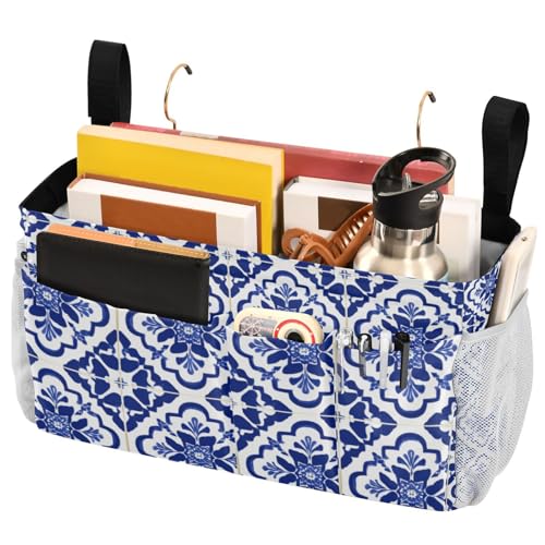 Bedside Caddy Hanging Bunk Bed Caddy Bed Organizer Hanging Pocket with 2 Hooks Bedside Storage Organizer Pocket Bag Holder Floral Blue and White Geometric - color: Floral Blue and White Geometric