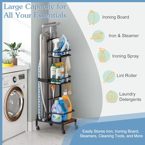 Ironing Board Hanger,Iron and Ironing Board Holder No Wall Mount,Laundry Room Organization and Storage Cart with Iron Stand,Narrow Laundry Shelves Organizer Cabinet,Laundry Room Essentials Accessories - color: Black & Rustic Brown