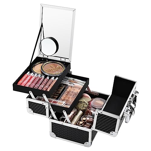 Joligrace Makeup Box Cosmetic Train Case Portable Makeup Organizer Case with Mirror 2 Tray Make up Storage Case for Nail Teach Craft Sewing Travel Vanity Modern Style Black - color: Black