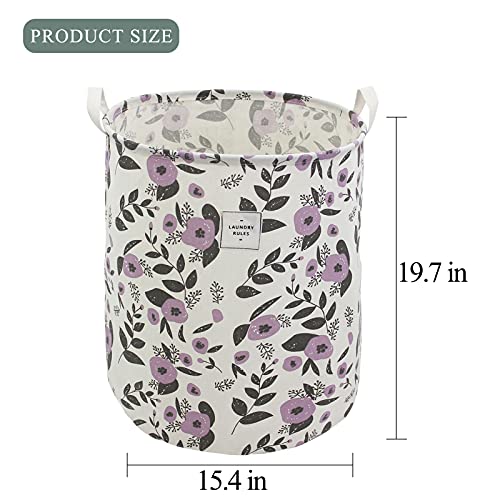 Mziart Collapsible Laundry Basket, Floral Printing Large Laundry Hamper for Baby Girls Kids Toys Clothes Organizer Foldable Storage Bin Waterproof Canvas Nursery Storage Basket with Handles (Purple) - color: Purple
