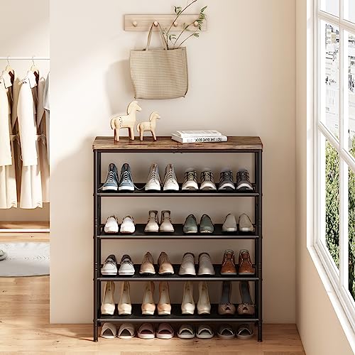 INGIORDAR Shoe Rack Organizer 5 Tier Metal Organizer Shelf with Industrial MDF Board and Layer Fabric for Entryway Closet Bedroom Living Room Garage,Black & Rustic Brown (Black+Rustic Brown, 5 Tier) - color: Black+rustic Brown, size: 5 Tier