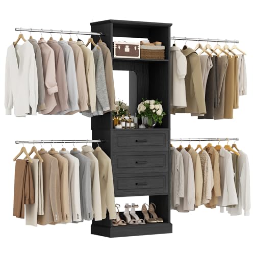 Unikito Closet System, 4FT - 9FT Closet Organizer with Mirror, Luxury Walk in Closet Insert with Drawers and 4 Hanging Rods, Sturdy Wood Wardrobe Closet Garment Rack with 25” Tower, Black - color: Black