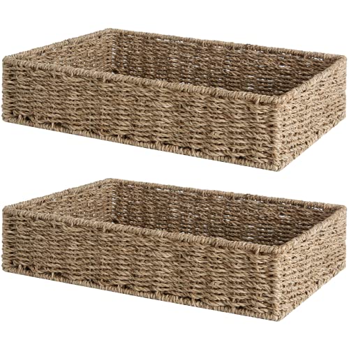StorageWorks Large Wicker Tray for Ottoman, Seagrass Storage Baskets for Shelves, Handwoven Rectangle Wicker Storage Baskets for Organizing, Shallow Woven Basket for Bathroom & Living Room, 2-Pack - color: Natural(seagrass), size: 15 ¾"L x 11 ¼"W x 3 ½"H