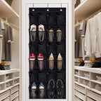 Over The Door Shoe Organizer with 24 Large Breathable Mesh Pockets, Space-Saving Hanging Storage Holder for Shoes & Accessories, Adjustable Hooks for Hanging Door Shoe Holder Rack(Black)