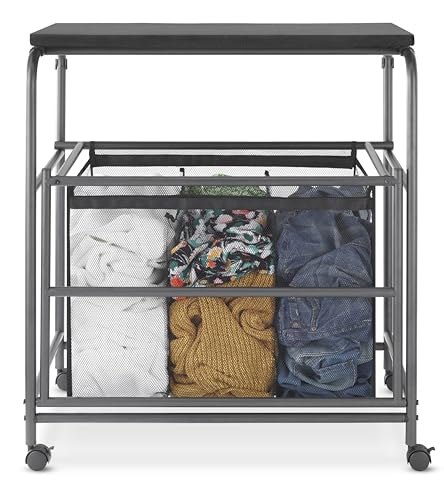 Whitmor Triple Laundry Sorter with Ironing & Folding Table - Rolling Laundry Sorter with Ironing Table - Gunmetal - size: 3 Section lroning Board，Black