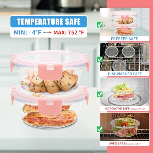 GULFLIN 12 Pack 13oz Small Glass Food Storage Containers with Lids Airtight, Leak-Proof Round Meal Prep Containers Set, Freezer to Microwave Safe, Dishwasher Safe - color: 13oz,Same Size - 12 Pack,Pink Set