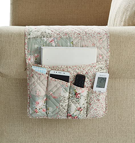 Brilliant Sunshine Rose and Sage Patchwork Sofa Armrest 5 Pockets Organizer, Slip Resistant Armchair Caddy, Washable Remote Controls Holder, Storage for Magazine, Tablet, Phone, iPad,35×13",Rose Sage - color: Pink Sage