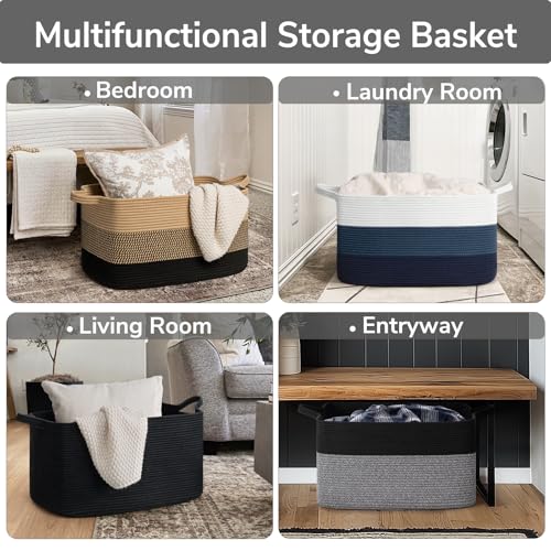 Goodpick Large Woven Blanket Basket 21.6" x 14.9" x 11.8" Storage Baskets for Organizing, Rectangle Baby Toy Bins for Kids Organizer Living Room Bedroom, Black & Gray - color: Black & Gray, size: Large(21.6"L x 14.9"W x 11.8"H)