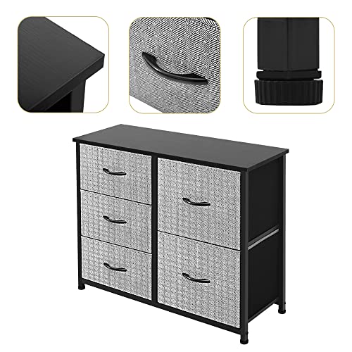 Storage Dresser Furniture Unit-Large Standing Organizer Chest for Bedroom, Office, Living Room, and Closet-5 Drawer Removable Fabric Bins, Grey with Black