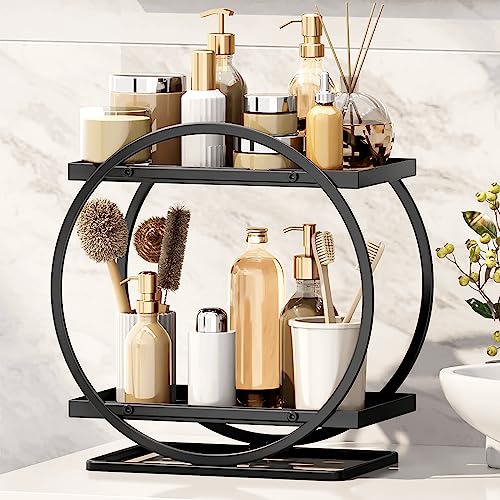 Bathroom Counter Organizer, Black Perfume Organizer for Dresser, 2 Tier Bathroom Organizer Countertop, Vanity Makeup Organizers, Skincare Display Tray for Bathroom Sink Storage - color: Black, Circular