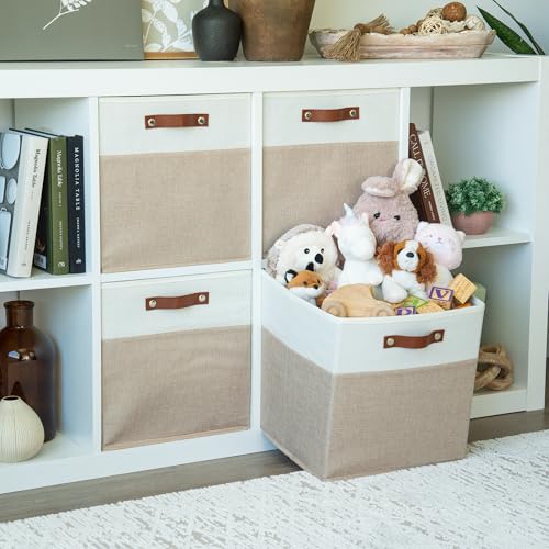 OrganiHaus 13" x 13" x 13" Cube Fabric Storage Bins Set of 4, Fabric Storage Cubes w/ Vegan Handles, 13 inch Collapsible Bins for Clothes & Toy Organizer, 13x13 Basket for Decor - Beige/White - color: Beige Base / Off-White, size: (13x13) Leather Handles