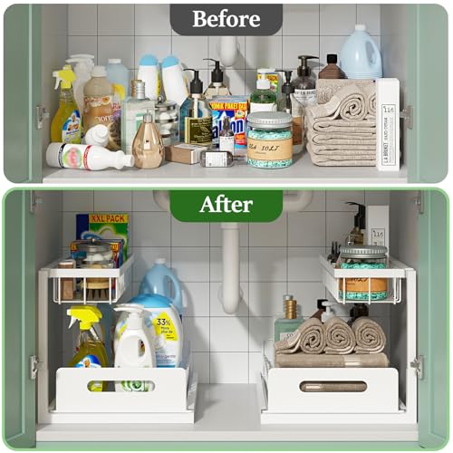 REALINN Under Sink Organizer, Pull Out Cabinet Organizer 2 Tier Slide Out Sink Shelf Cabinet Storage Shelves, Under Sink Storage for Kitchen Bathroom Cabinet, White, 1 Pack - color: White, size: 1 Pack