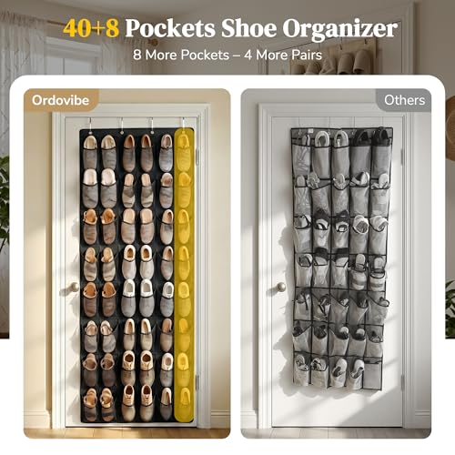 48 Pockets Over The Door Shoe Organizer, Large Mesh Hanging Shoe Rack, 6-Column Heavy Duty Shoe Storage for Sneakers and Heels, Behind Door Holder for Entryway Bedroom Dorm College, Black - color: Black
