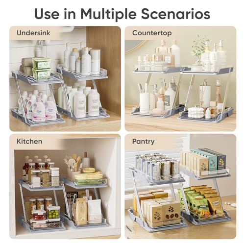 3 Pack Bathroom Organizers and Storage - Multi-Purpose,2-Tier Clear Pull Out Organization for Bathroom,Under Sink,Kitchen,Vanity,Countertop,Cabinet,Pantry & Medicine Cabinet,Grey