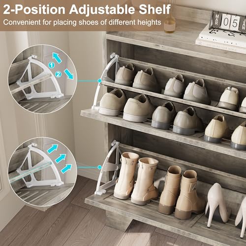 Garvee Shoe Storage Cabinet with 2 Flip Drawers, Freestanding Shoe Organizer Storage for Entryway with 2 Side Hooks, Farmhouse Hidden Slim Narrow Shoe Rack Cabinet, Gray - color: Grey, size: 2-Drawers