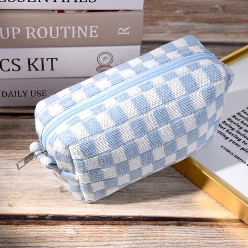 SOIDRAM 2 Pack Checkered Makeup Bag for Women, Cute Makeup Pouch Small Makeup Bag Travel Cosmetic Organizer for Toiletries, Brushes & Skincare - color: Light Blue, size: 2 Pack