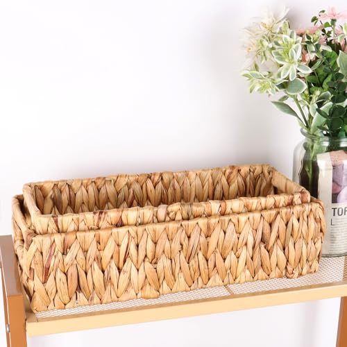 Moosky Wicker Storage Baskets with Handle Water Hyacinth Basket for Organizing Decorative Storage Bins for Countertop Toilet Tank Boho Rectangular Home Organizer (Natural, Set of 2) - size: Set of 2