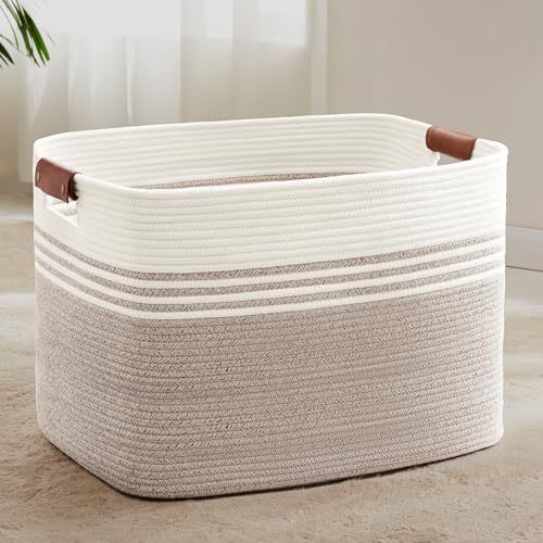 100L Extra Large Laundry Basket with Leather Handles for Living Room Storage, Woven Rope Baskets for Blanket, Kids Toy, Gifts, Wicker Hamper for Bedroom Dirty Clothes, 24"x16"x16" White Brown - color: Brown, size: 100L