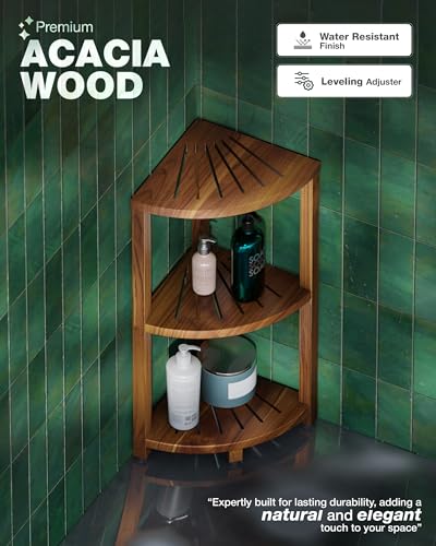 BLUEWEST 3-Tier Corner Shower Caddy Stand, Wood Shower Organizer Standing with Anti-Slip Feet, Waterproof & Durable Bathroom Corner Shelf, Space-Saving Design Storage for Kitchen or Living Room